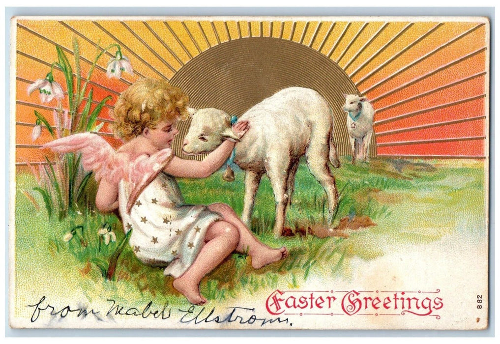 c1910's Easter Greetings Angel Lamb Bell Flowers Embossed Antique Postcard