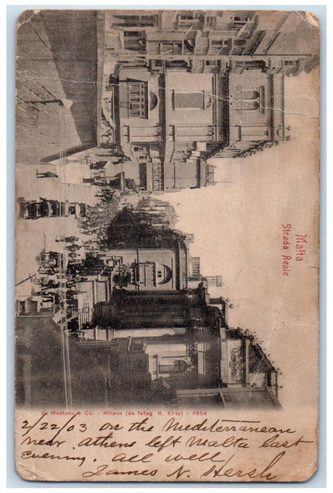1903 Malta Strada Reale Horse Carriage Crowds Posted Antique Postcard