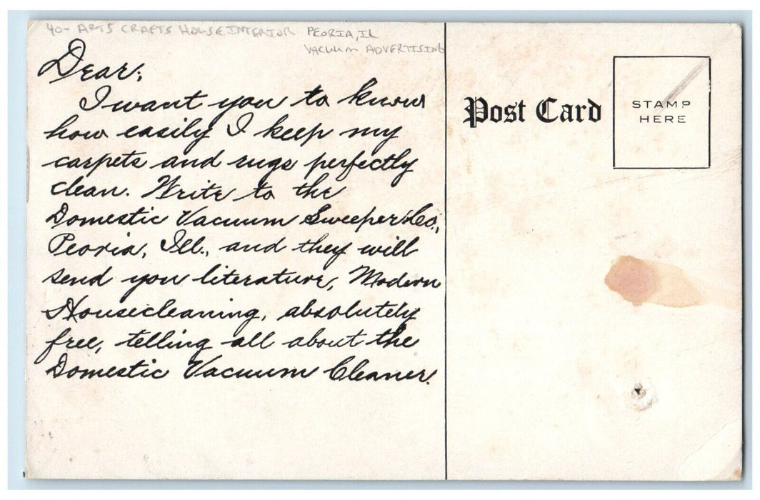 Arts Crafts House Interior Woman Vacuum Advertising Peoria Illinois IL Postcard