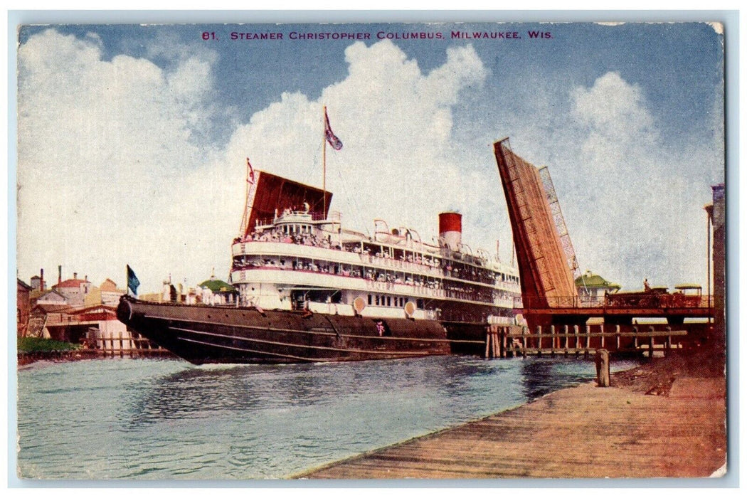 c1910 Steamer Christopher Columbus Bascule Bridge Milwaukee Wisconsin Postcard