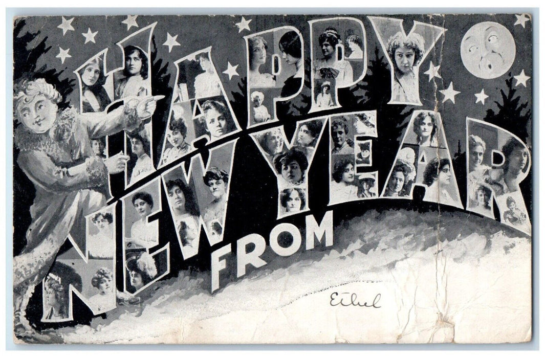 1905 Happy New Year Womens Stars Large Letters San Francisco CA Antique postcard