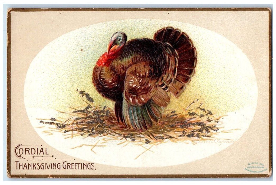 c1910's Thanksgiving Greeting Cordial Turkey Embossed Clapsaddle Postcard