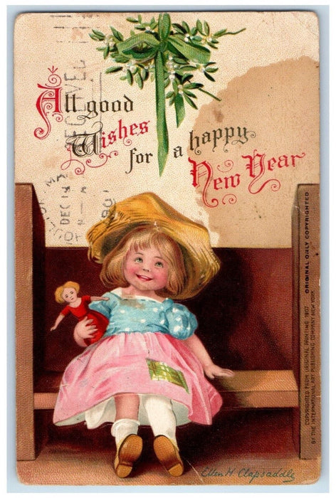 1907 Happy New Year Little Girl Under Mistletoe Ellen Clapsaddle Posted Postcard