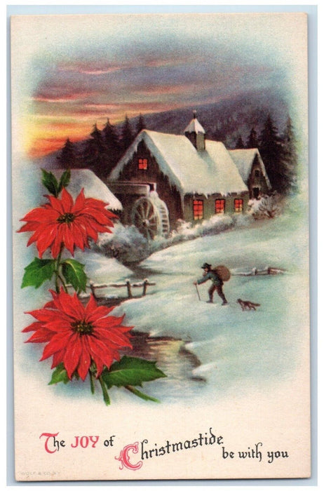 c1910's Christmas Poinsettia Flowers Mill Winter Dog Wolf Antique Postcard
