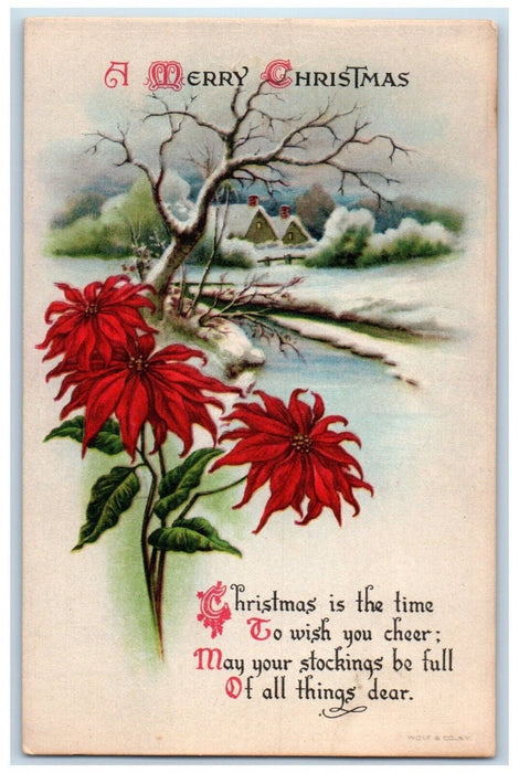 1921 Merry Christmas Poinsettia Flowers House Winter Wolf Rockville CT Postcard