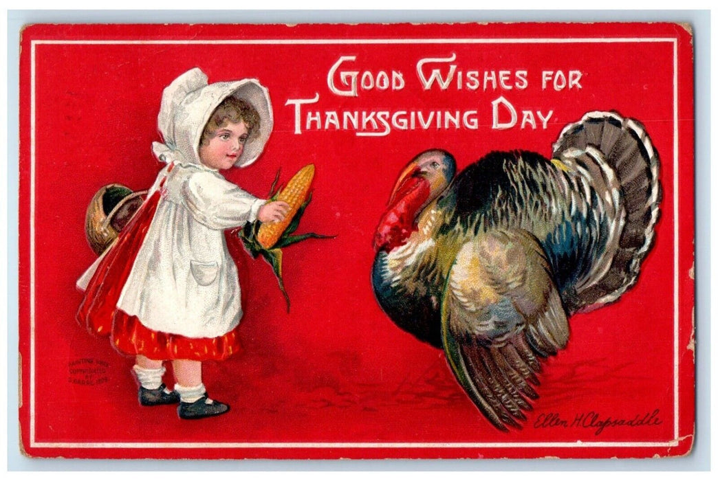 1909 Thanksgiving Day Girl Feeding Corn Turkey Ellen Clapsaddle Antique Postcard