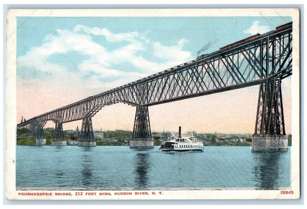c1920 Poughkeepsie Bridge Steamer Locomotive Rail Hudson River New York Postcard