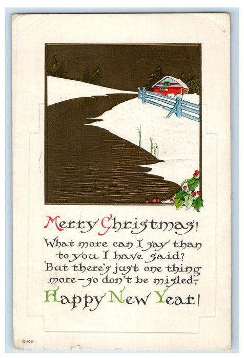1915 Merry Christmas And Happy New Year Winter Snow House Embossed Postcard