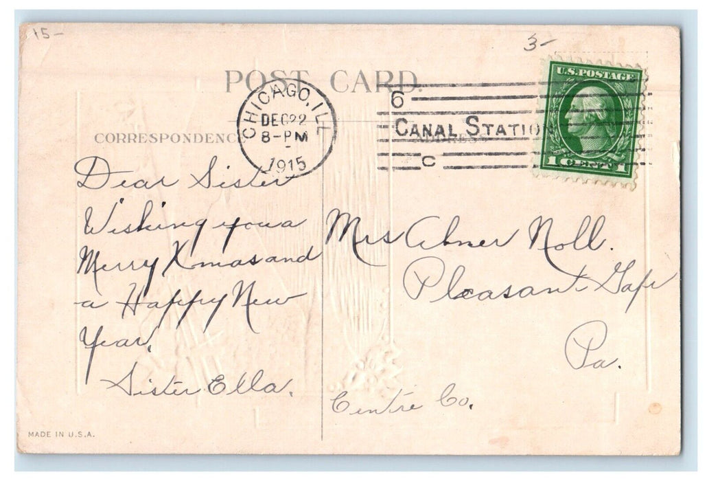 1915 Merry Christmas And Happy New Year Winter Snow House Embossed Postcard