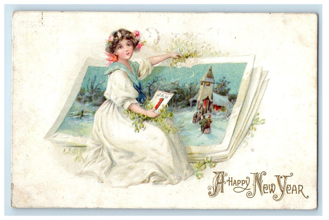 c1910's New Year Greetings Jan 1 Victorian Girl Dress White Embossed Postcard