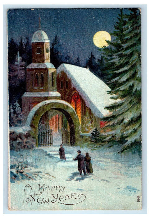 1909 New Year Greetings Full Moon House Winter Snow Embossed Antique Postcard