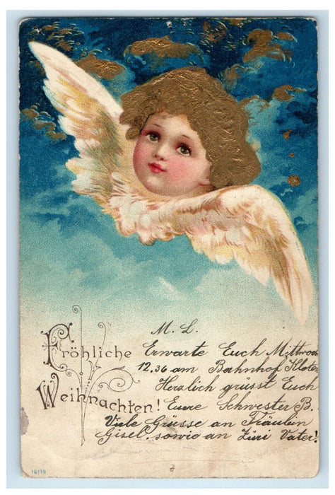 Merry Christmas Cherub Angel Head Floating Posted Antique Postcard