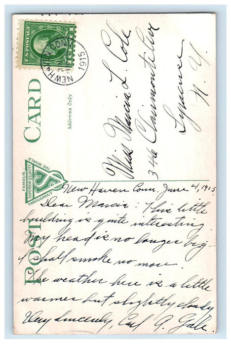 1915 Yale Art School New Haven Connecticut CT Posted Antique Postcard