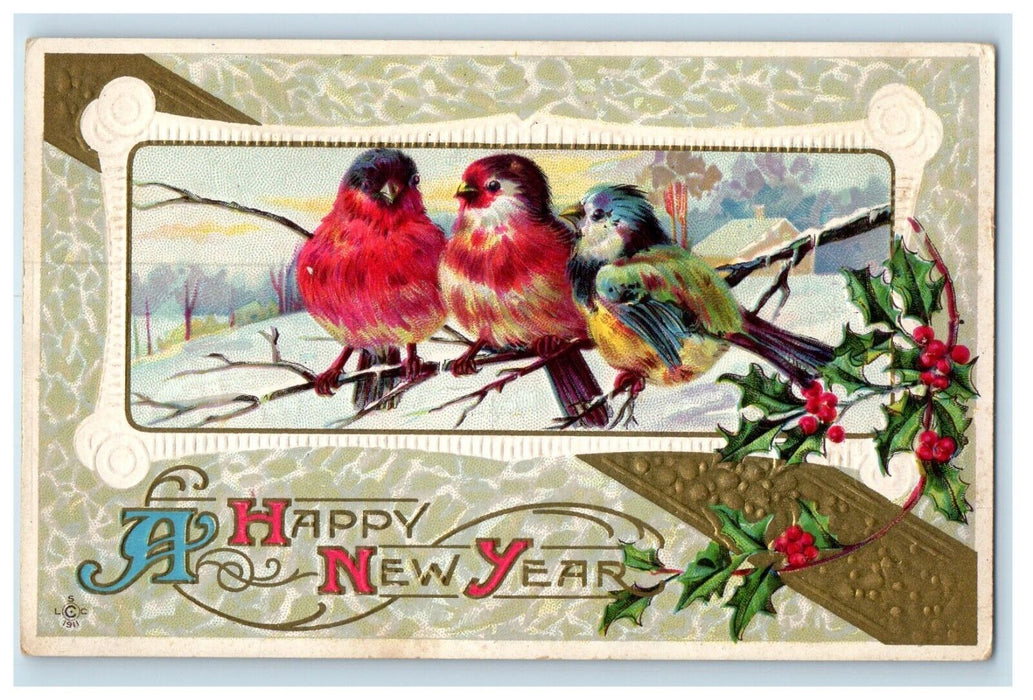 c1910's New Year Greetings Birds Holly Berries Winter Snow Embossed Postcard