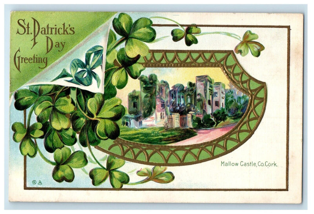 1912 St. Patrick's Day Greetings Nash Mallow Castle Co. Cork Shamrock Postcard