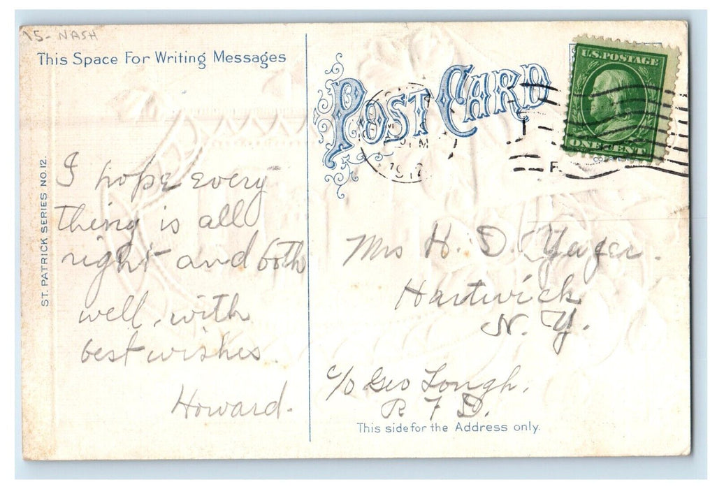 1912 St. Patrick's Day Greetings Nash Mallow Castle Co. Cork Shamrock Postcard