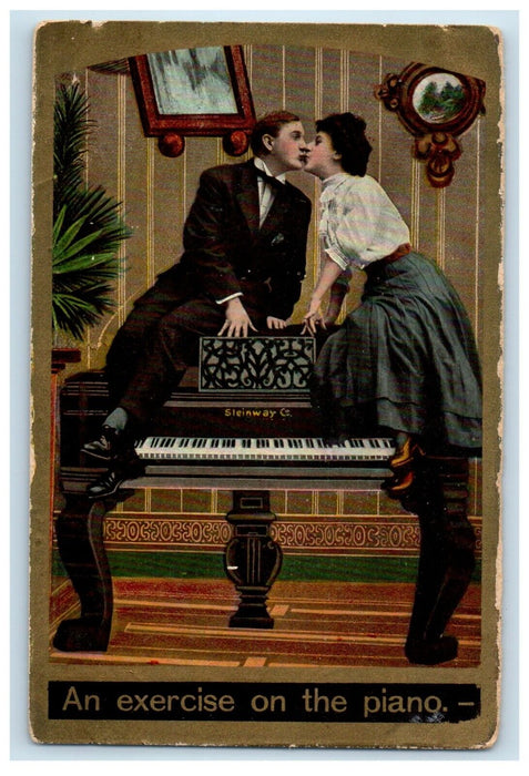 1909 Making Out On Steinway Couple Kissing Grand Piano Lapeer MI Postcard