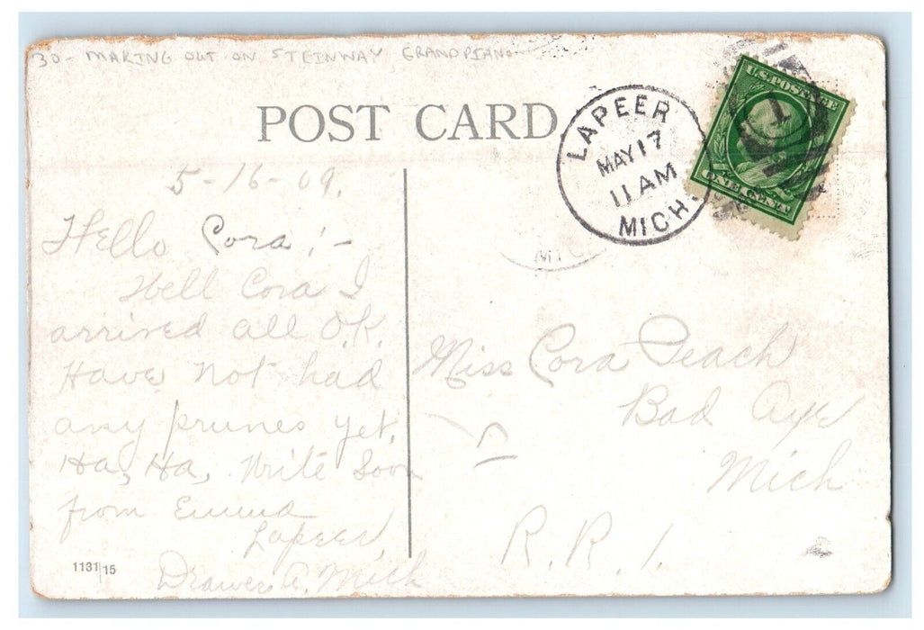 1909 Making Out On Steinway Couple Kissing Grand Piano Lapeer MI Postcard