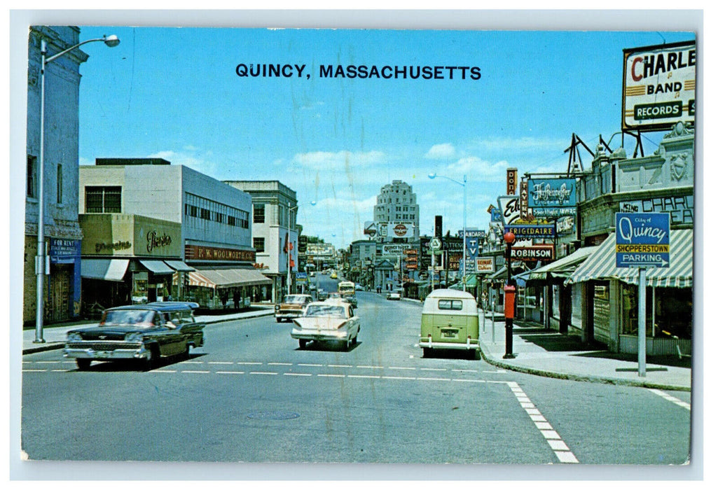 c1950s Business District, Vintage Cars Quincy Massachusetts MA Unposted Postcard