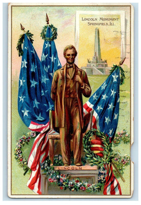 1913 Lincoln Monument Springfield IL, Patriotic Flags Embossed Tuck's Postcard