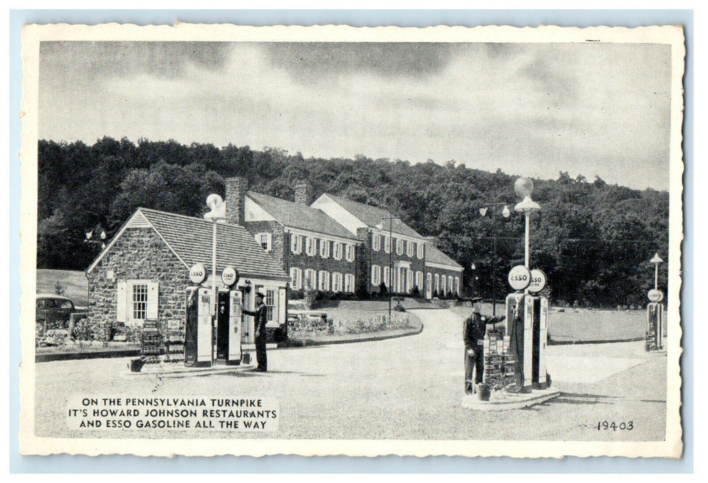 c1940s Pennsylvania Turnpike, Howard Johnson Restaurant, Esso Gasoline Postcard