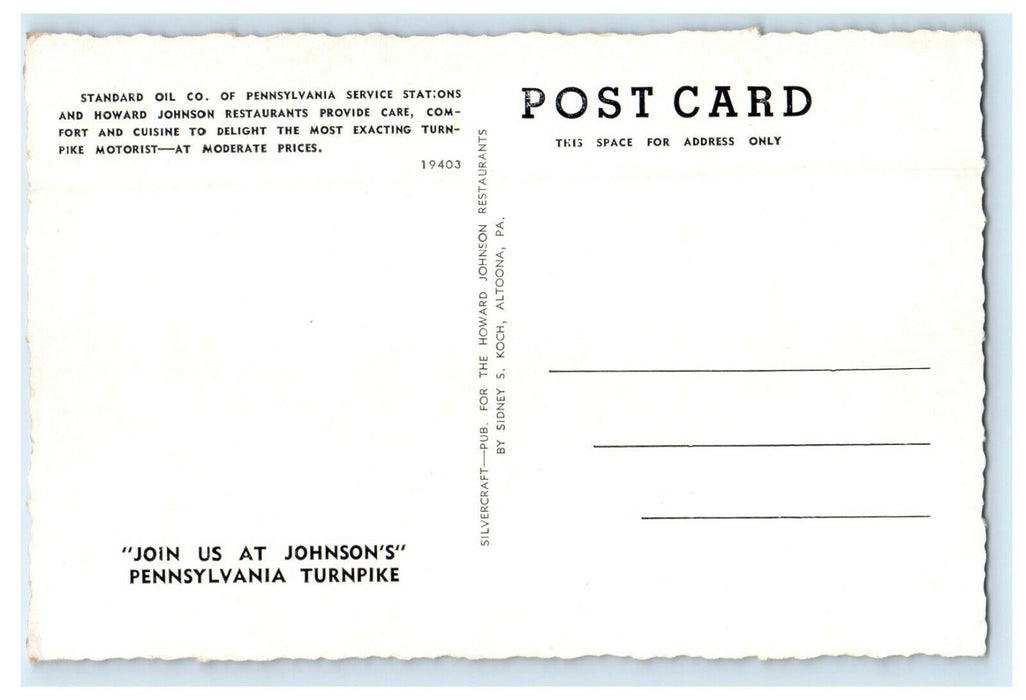c1940s Pennsylvania Turnpike, Howard Johnson Restaurant, Esso Gasoline Postcard