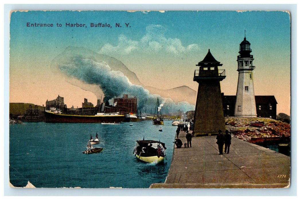 1915 Sailboats, Steamboats, Entrance to Harbor, Buffalo New York NY Postcard