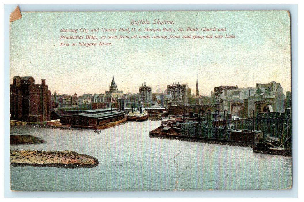 c1905 Buffalo Skyline Showing City and County Hall, Boats, New York NY Postcard