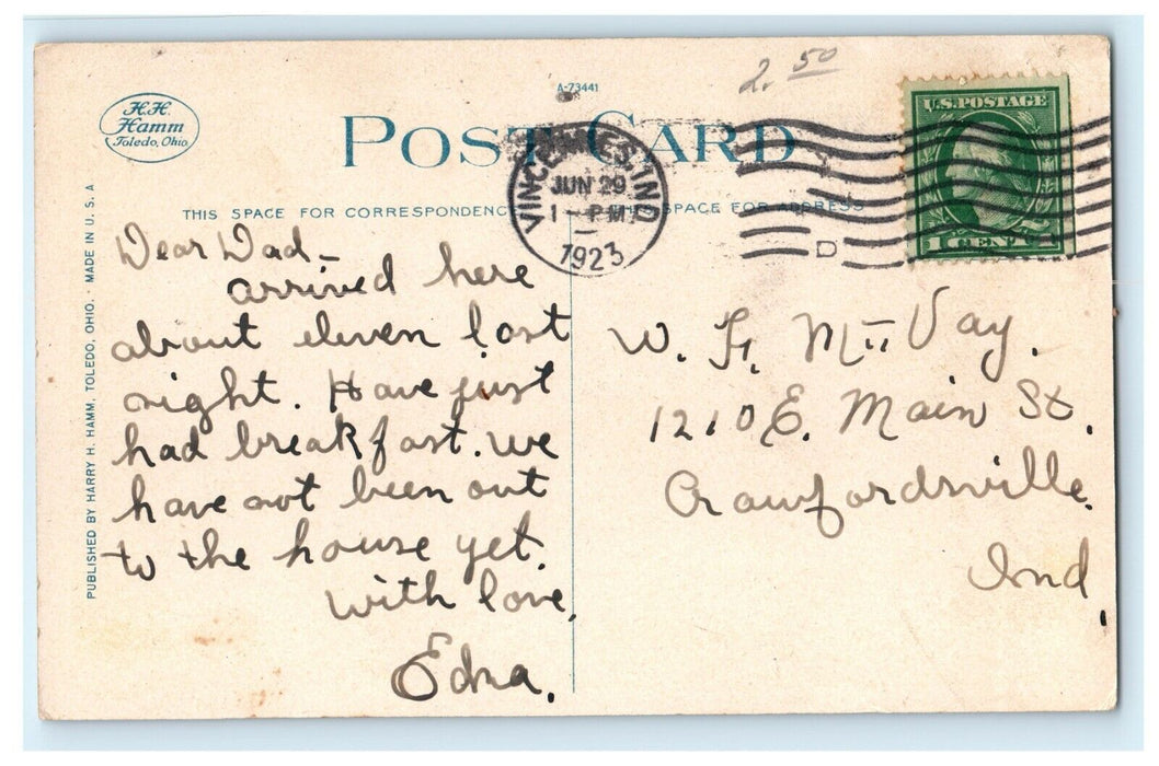 c1923 Edna's Letter to dad Old Legislative Hall Vincennes IN Indiana Postcard