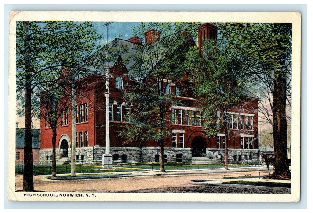 1916 High School Building Street View Norwich New York NY Antique Postcard