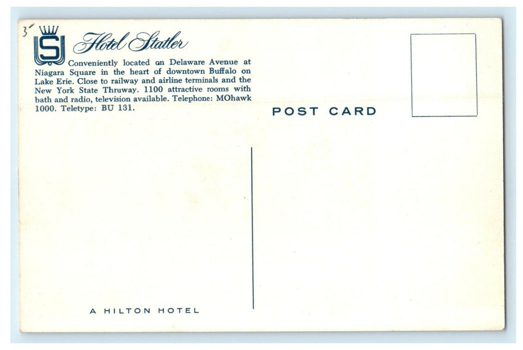 Hotel Statler Delaware Avenue Niagara Square Buffalo New York NY Postcard