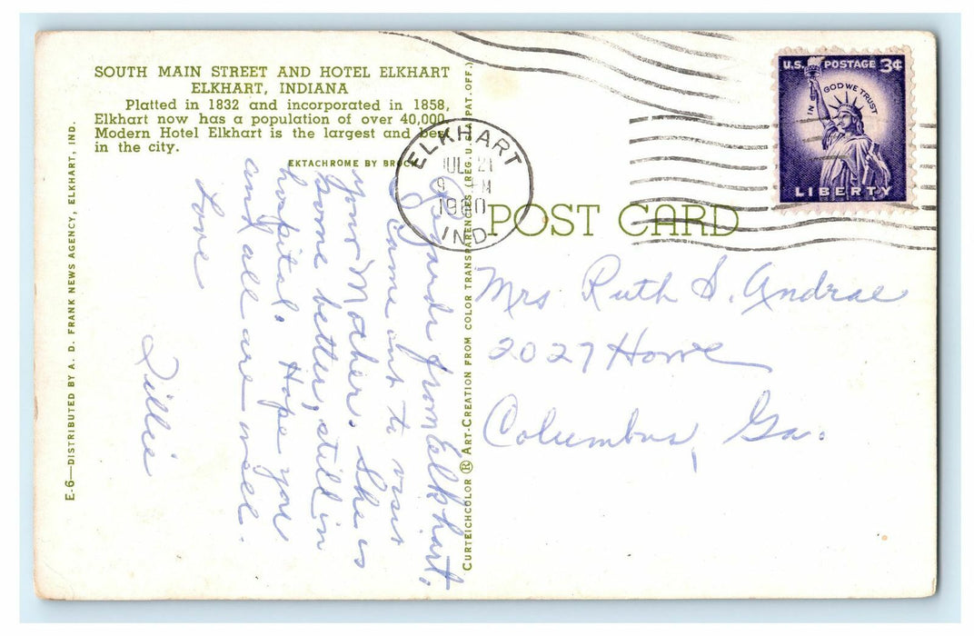 1960 Elkhart IN. South Main Street and Hotel Elkhart Indiana IN Postcard