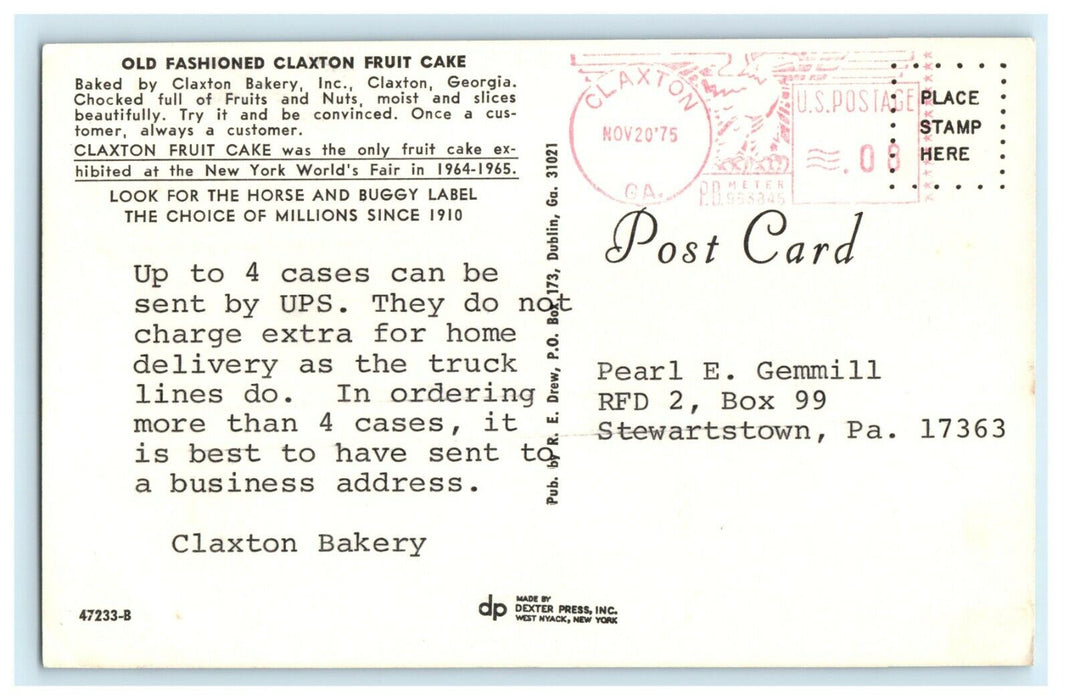 c1960's Old Fashion Fruit Cake Bakery Advertising Claxton Georgia GA Postcard