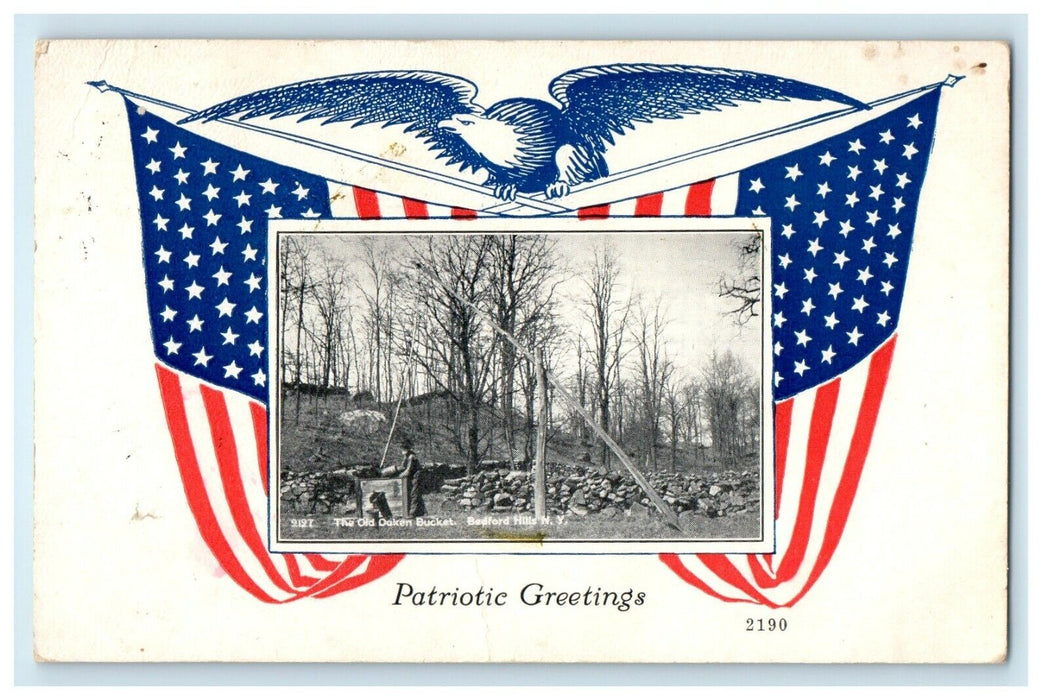 1918 The Old Oaken Bucket, Bedford Hills New York NY Patriotic Greeting Postcard