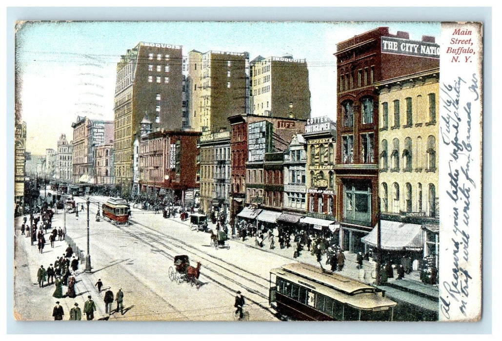 1906 Main Street View Business Center Trolley Train Buffalo New York NY Postcard