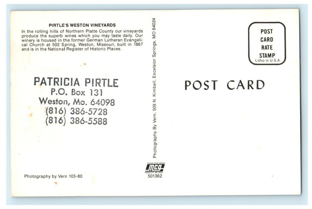 Pirtle's Weston Vineyards Winery Missouri MO, Girl Fruit Picking Postcard