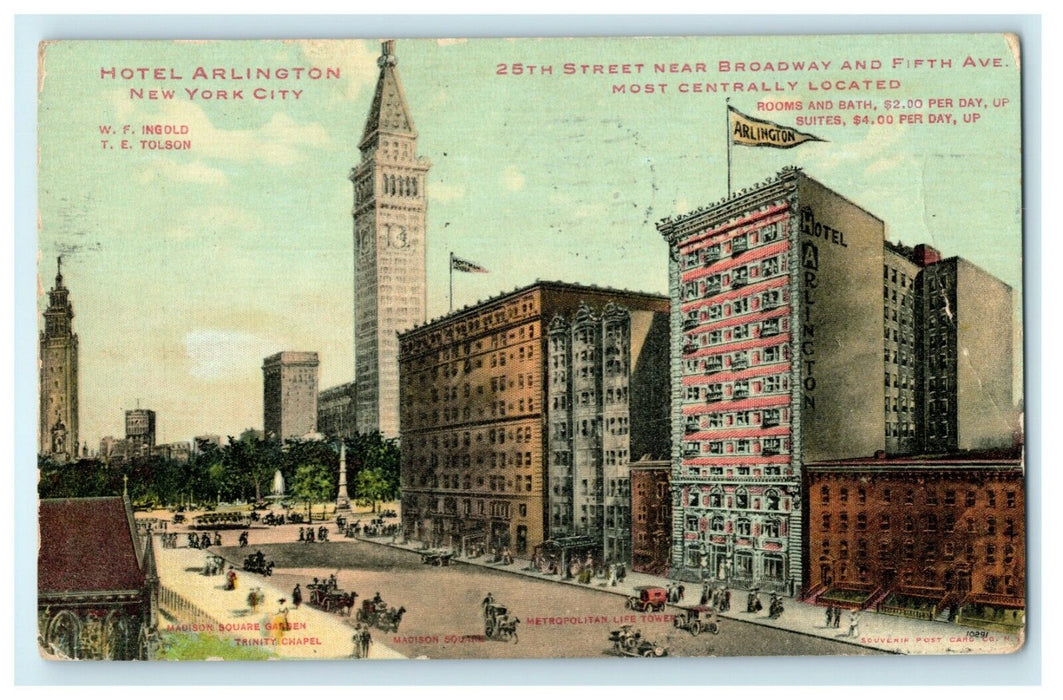 1909 Hotel Arlington Advertising Message New York City NY Hazelton PA Postcard