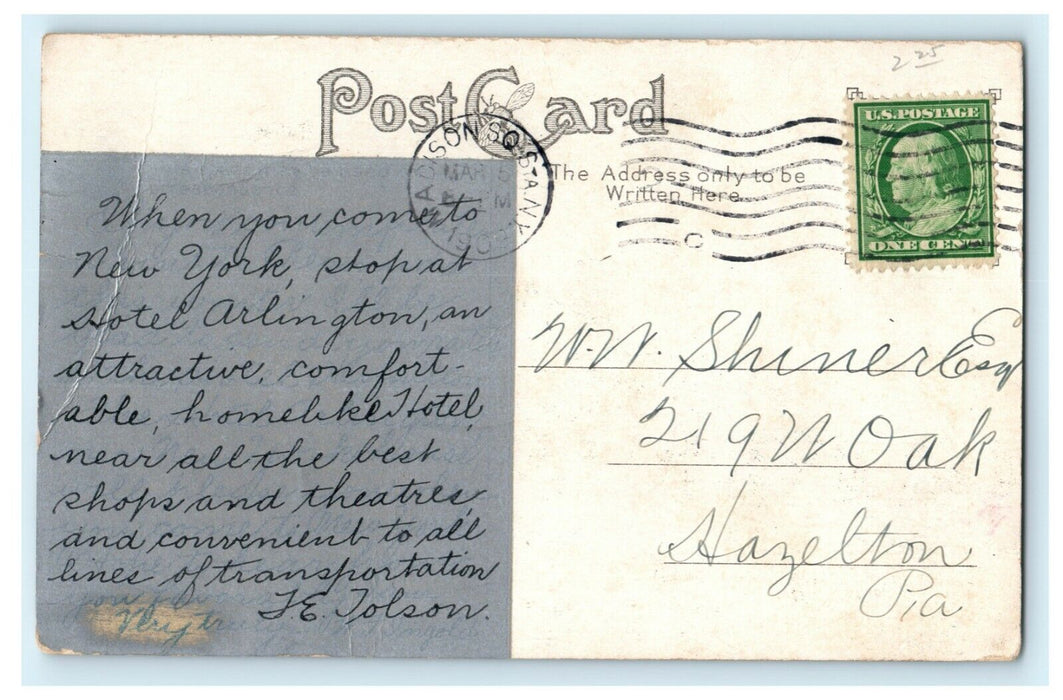 1909 Hotel Arlington Advertising Message New York City NY Hazelton PA Postcard