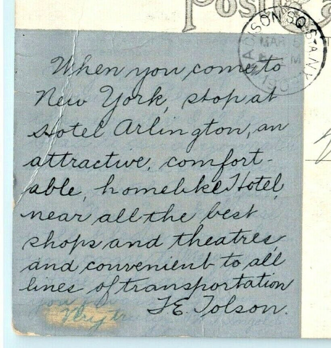 1909 Hotel Arlington Advertising Message New York City NY Hazelton PA Postcard