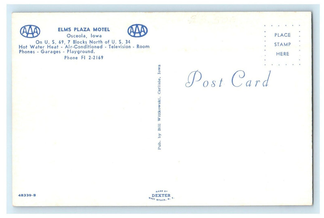 c1950's Elms Plaza Hotel Roadside Osceola Iowa IA Unposted Vintage Postcard