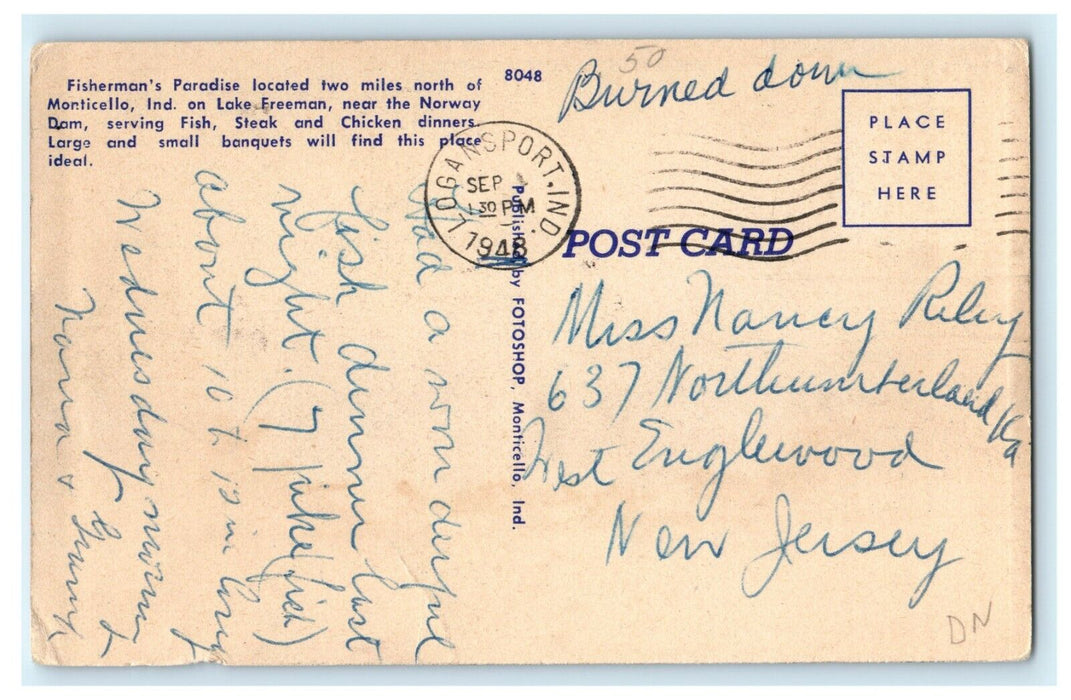 1948 Logansport IN. Fisherman's Paradise, Monticello, Indiana IN Postcard