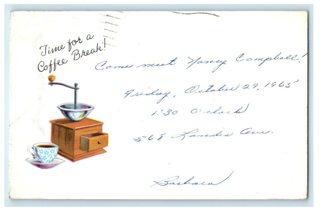 1965 Time For A Coffee Break Coffee Grinder, Chicago Illinois IL Cancel Postcard