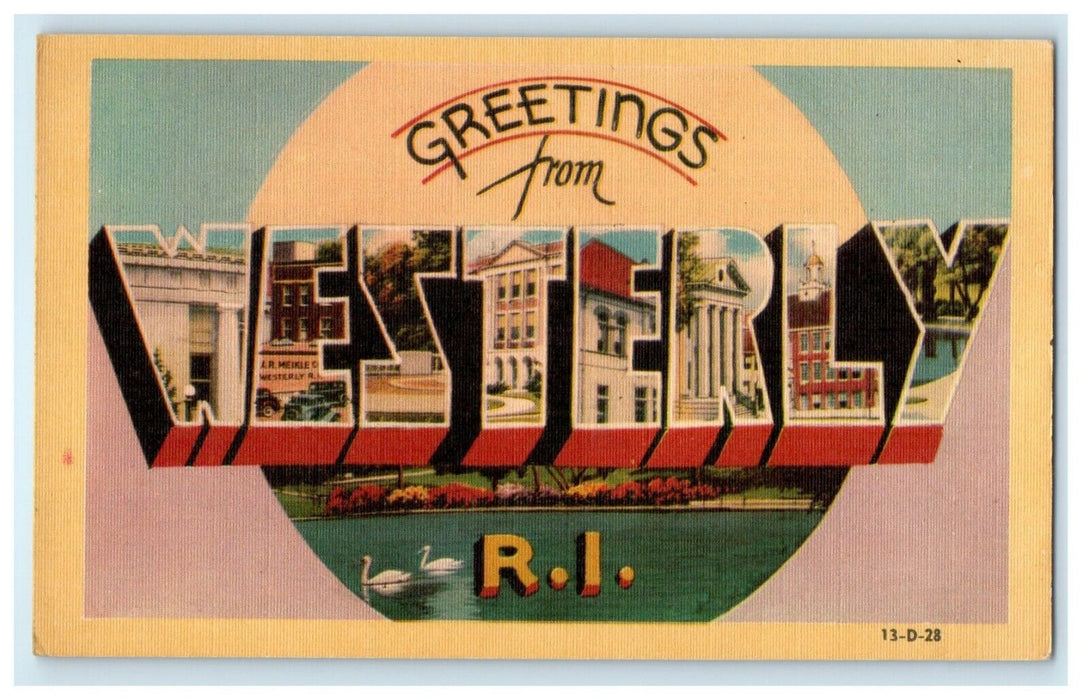 1934 Buildings View, Greetings from Westerly Rhode Island RI Postcard