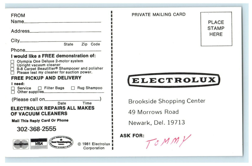 Electrolux Repairs Vacuum Brookside Shopping Center Newark Delaware DE Postcard