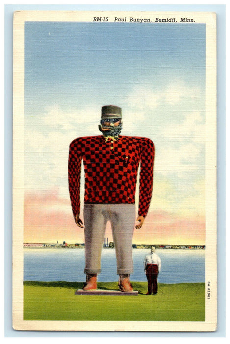 c1940s Paul Bunyan Statue on the Shore of Lake Bemidji Minnesota MN Postcard