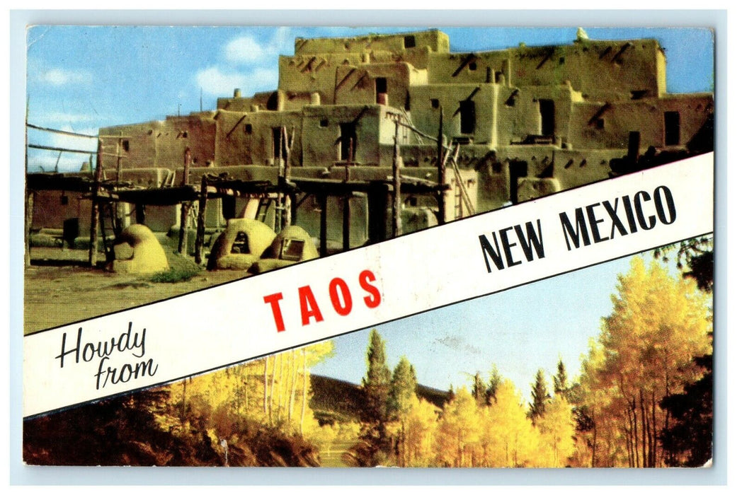 1958 Howdy From Taos New Mexico NM, Taos Indian Pueblo And Gold Aspens Postcard