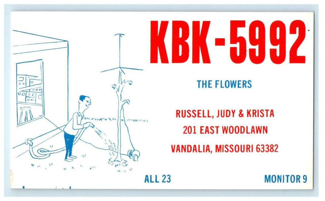 QSL Ham Radio KBK5992 Flowers Vandalia Missouri MO, Man Watering Garden Postcard