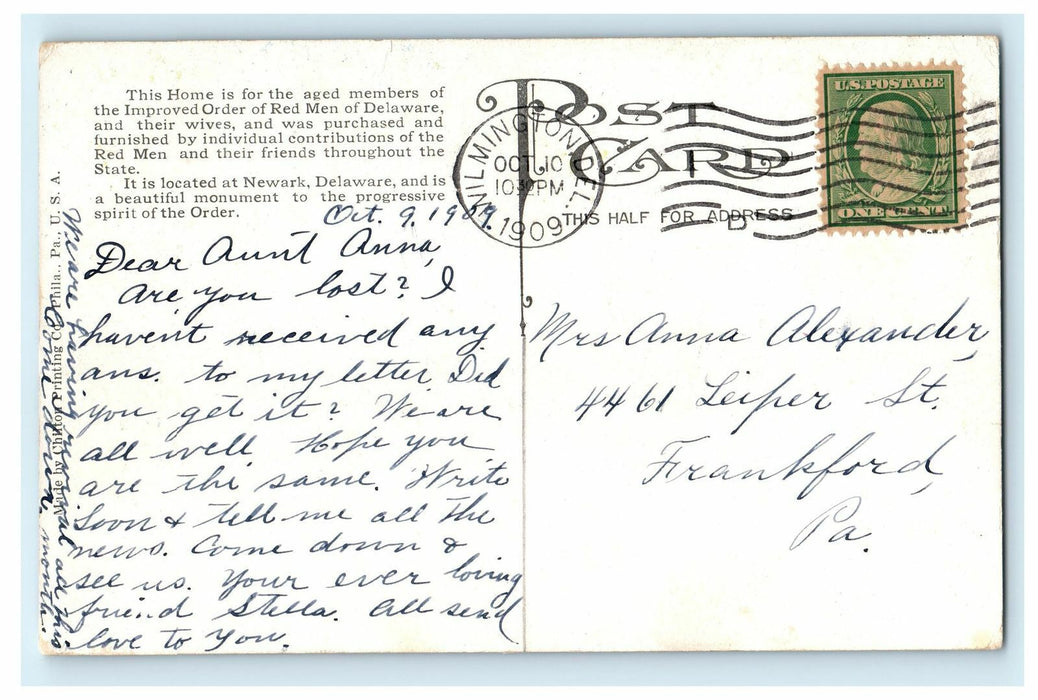 1909 Wilmington DE. Red Men's Fraternal Home - Newark Delaware DE Postcard