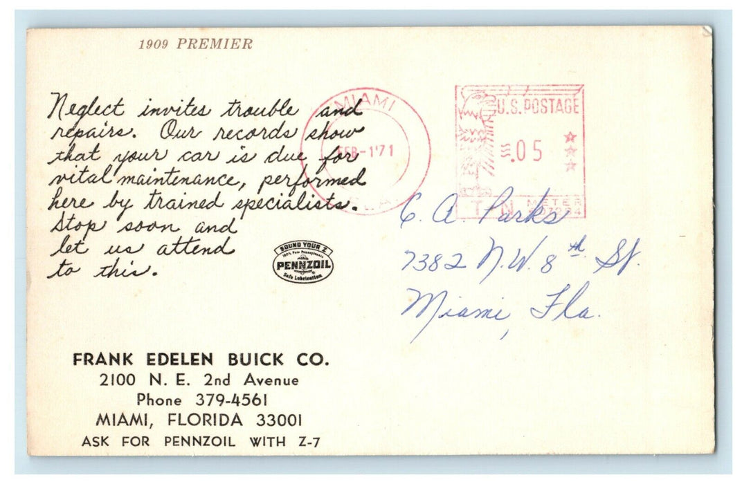 1909 Premier Car Frank Edelen Buick Co. Miami FL Advertising Pennzoil Postcard