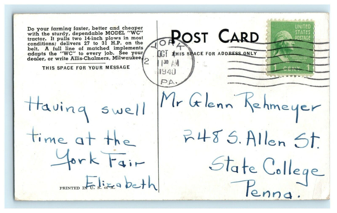 1940 Allis-Chalmers Advertising Tractor Farm Equipment York PA Postcard
